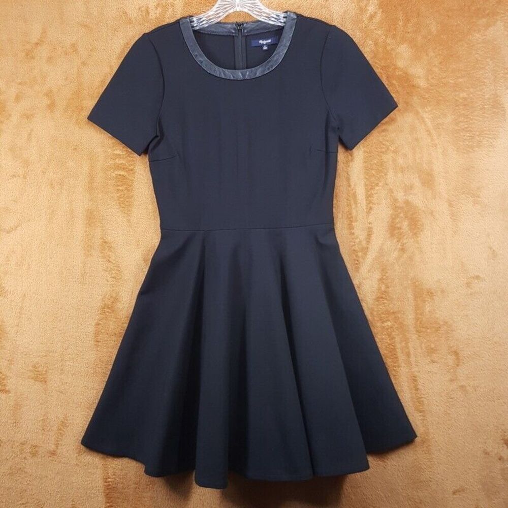 MADEWELL Dress Womens Small Black Fit Flare Leather Trim Ponte Stretch